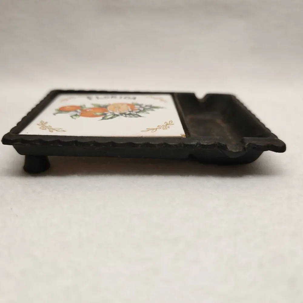 Vintage Florida Cast Iron Trivet Ceramic Tile Orange Souvenir Taiwan Decor Home
